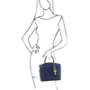 Sketch Of Women Holding The Small Dark Blue Tote Leather Handbag