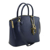 Side View Of The Small Dark Blue Tote Leather Handbag