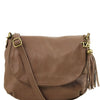 Front View Of The Dark Taupe Leather Fringe Bag