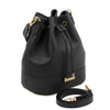Angled And Shoulder Strap View Of The Black Ladies Bucket Bag