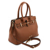 Angled And Shoulder Strap View Of The Cognac Ladies Handbag