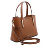 Angled and Shoulder Strap View Of The Cognac Ladies Small Leather Handbag
