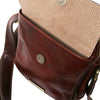 Front Pocket Opening View Of The Brown Mens Crossbody Bag