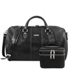 Front View Of The Black Leather Duffle Bag Large And Travel Toiletry Bag