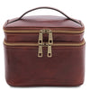 Front View Of The Travel Toiletry Bag Of The Brown Leather Duffle Bag Large And Travel Toiletry Bag