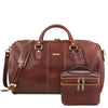 Front View Of The Brown Leather Duffle Bag Large And Travel Toiletry Bag