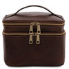 Front View Of The Travel Toiletry Bag Of The Dark Brown Leather Duffle Bag Large And Travel Toiletry Bag