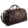 Angled View Of The Travel Bag Of The Dark Brown Leather Duffle Bag Large And Travel Toiletry Bag