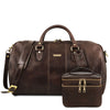 Front View Of The Dark Brown Leather Duffle Bag Large And Travel Toiletry Bag