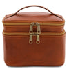 Front View Of The Travel Toiletry Bag Of The Honey Leather Duffle Bag Large And Travel Toiletry Bag