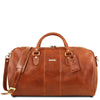 Front View Of The Travel Bag Of The Honey Leather Duffle Bag Large And Travel Toiletry Bag