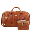 Front View Of The Honey Leather Duffle Bag Large And Travel Toiletry Bag