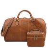Front View Of The Natural Leather Duffle Bag Large And Travel Toiletry Bag