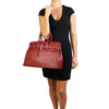 Woman Posing With The Red Leather Womens Handbag
