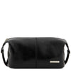 Front View Of The Black Mens Leather Wash Bag