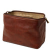 Angled View Of The Brown Leather Wash Bag