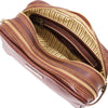 Internal Zip View Of The Brown Leather Toiletry Bag