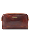 Front View Of The Brown Leather Toiletry Bag