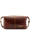 Front View Of The Brown Mens Leather Wash Bag