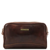 Front View Of The Dark Brown Leather Toiletry Bag