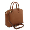 Angled And Shoulder Strap View Of The Cognac Leather Tote