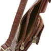 Side Zip View Of The Brown Leather Crossover Bag