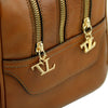 Side Zippers View Of The Dark Taupe Neo Classic Leather Handbag - Chain and Leather Handles -Tassels