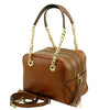 Angled View Of The Dark Taupe Neo Classic Leather Handbag - Chain and Leather Handles -Tassels