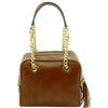 Front View Of The Dark Taupe Neo Classic Leather Handbag - Chain and Leather Handles -Tassels
