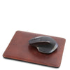 Angled With Mouse View Of The Brown Leather Mouse Pad