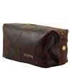 Angled View Of The Brown Mens Leather Wash Bag