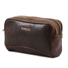 Angled View Of The Dark Brown Leather Toiletry Bag