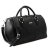 Angled View Of The Black Leather Travel Bag Small