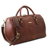 Angled View Of The Brown Leather Travel Bag Small