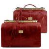 Front View Of The Red Leather Luggage Set