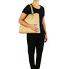 Woman Posing With The Champagne Womens Leather Business Bag