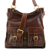 Frontal Features View Of The Brown Ladies Leather Handbag