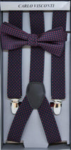 Front View Of The Navy Red Spots Mens Braces And Bow Ties