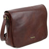 Angled View Of The Brown Leather Messenger Bag