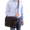 Man Posing With The Brown Leather Laptop Messenger Bag