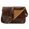 Opening Flap View Of The Brown Leather Laptop Messenger Bag