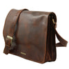 Angled View Of The Brown Leather Laptop Messenger Bag