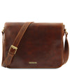 Front View Of The Brown Leather Laptop Messenger Bag
