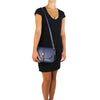 Woman Posing With The Dark Blue Leather Over Shoulder Bag