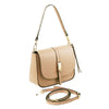 Angled And Shoulder Strap View Of The Champagne Leather Over Shoulder Bag