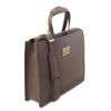 Angled And Shoulder Strap View Of The Dark Taupe Ladies Leather Briefcase