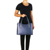 Women Posing With The Dark Blue Genuine Leather Tote Handbag