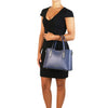 Women Posing With The Dark Blue Ladies Small Leather Handbag