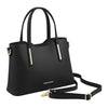 Angled And Shoulder Strap View Of The Black Ladies Small Leather Handbag