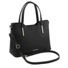 Angled And Shoulder Strap View Of The Black Genuine Leather Tote Handbag